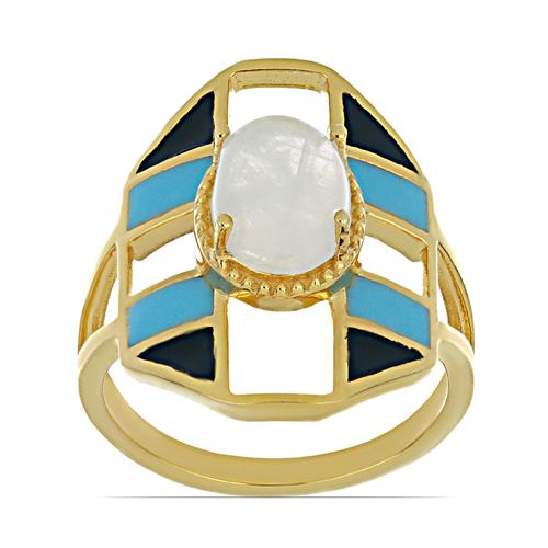 BUY NATURAL RAINBOW MOONSTONE GEMSTONE ENAMEL RING IN 925 SILVER