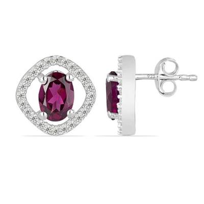 BUY REAL RHODOLITE GEMSTONE HALO EARRINGS IN 925 SILVER