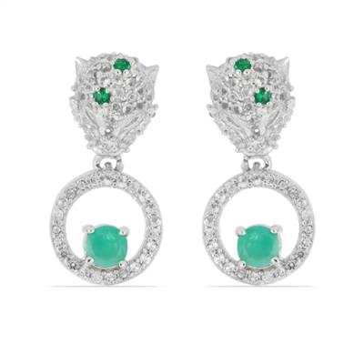 925 STERLING SILVER PANTHER EARRINGS WITH NATURAL EMERALD & WHITE ZIRCON GEMSTONES