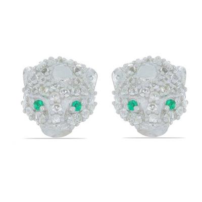 BUY NATURAL EMERALD & WHITE ZIRCON GEMSTONE PANTHER EARRINGS IN 925 STERLING SILVER