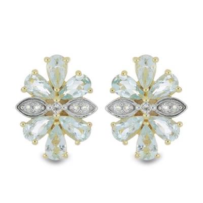 JEWELPIN WHOLESALE AQUAMARINE FLORAL EARRINGS IN 925 STERLING SILVER WITH WHITE TOPAZ – GOLD PLATED CLUSTER EARRING