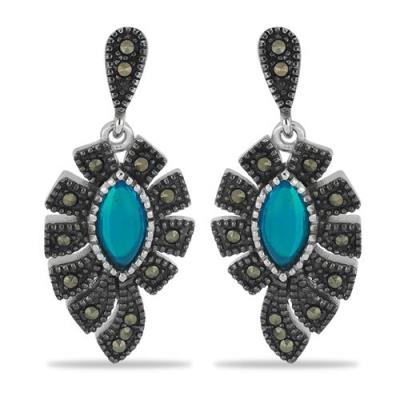 BUY NATURAL BLUE TURQUOISE & MARCASITE GEMSTONE EARRINGS IN 925 STERLING SILVER