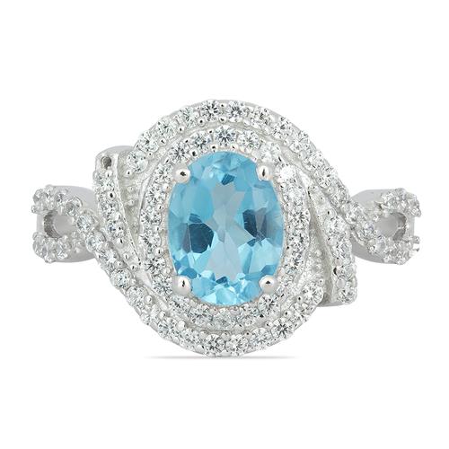 NATURAL SWISS BLUE TOPAZ GEMSTONE HALO RING IN STERLING SILVER
