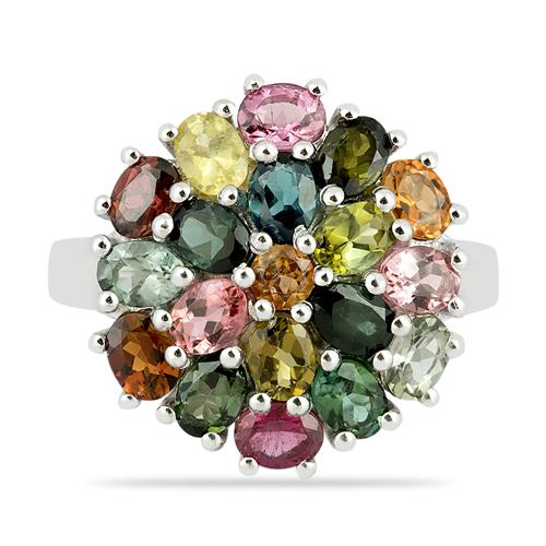 BUY 925 SILVER NATURAL MULTI TOURMALINE GEMSTONE CLUSTER RING