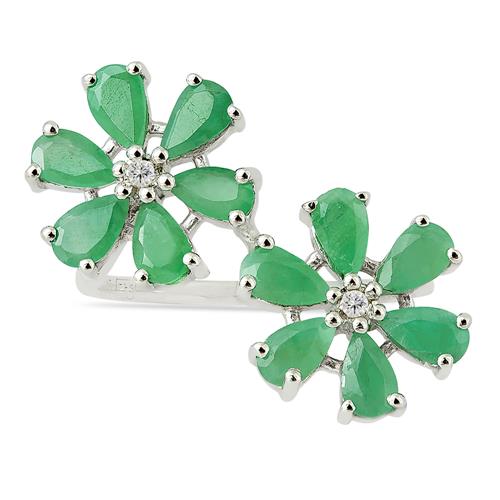 NATURAL EMERALD GEMSTONE FLOWER RING IN 925 STERLING SILVER 