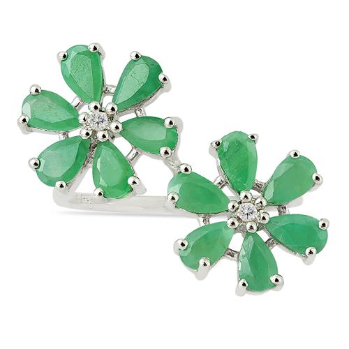 BUY NATURAL EMERALD GEMSTONE FLOWER RING IN 925 STERLING SILVER