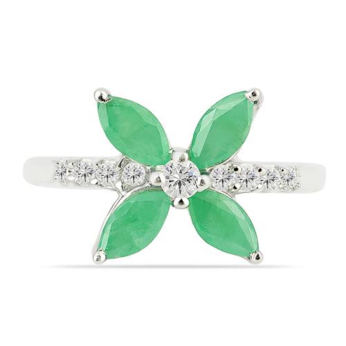 BUY STERLING SILVER NATURAL EMERALD GEMSTONE FLOWER RING