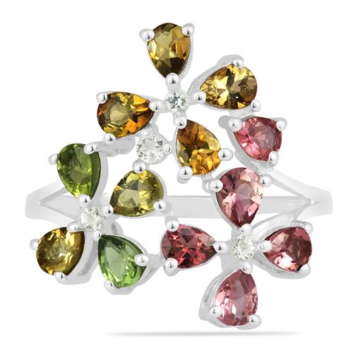 BUY STERLING SILVER NATURAL MULTI TOURMALINE GEMSTONE FLORAL RING