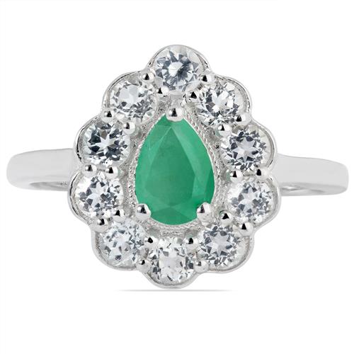 BUY NATURAL EMERALD GEMSTONE HALO RING IN 925 SILVER 