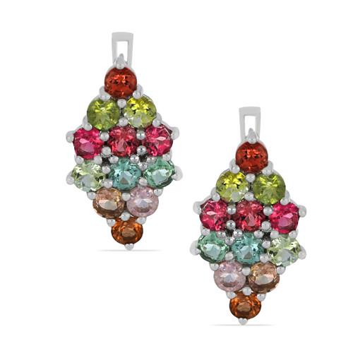 925 SILVER NATURAL MULTI TOURMALINE GEMSTONE CLUSTER EARRINGS