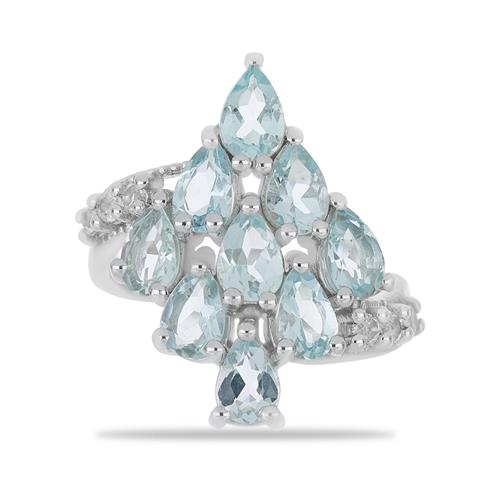 BUY STERLING SILVER NATURAL AQUAMARINE WITH WHITE ZIRCON  GEMSTONE RING 