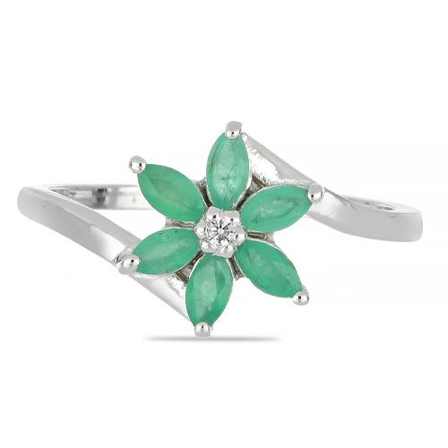 925 STERLING SILVER NATURAL EMERALD FLOWER RING 

