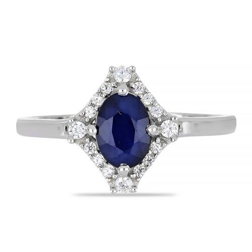 BUY AUSTRALIAN BLUE SAPPHIRE GEMSTONE HALO RING IN 925 SILVER