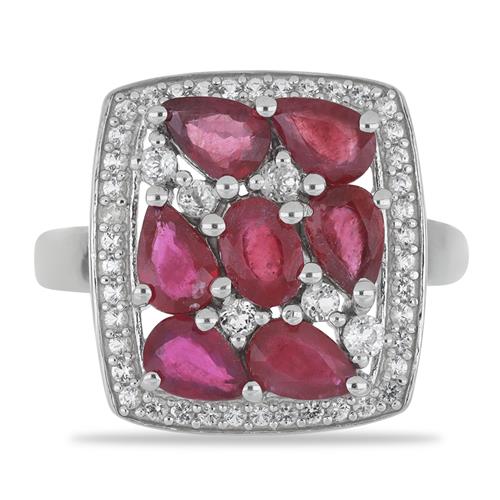 BUY 925 SILVER GLASS FILLED RUBY WITH WHITE ZIRCON GEMSTONE RING 