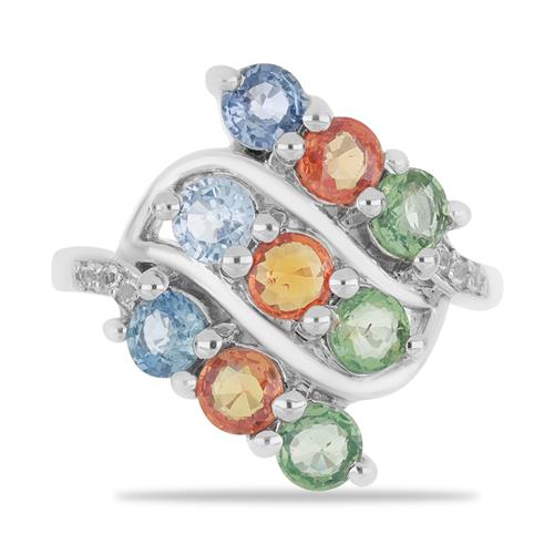 BUY 925 SILVER NATURAL MULTI SAPPHIRE WITH WHITE ZIRCON GEMSTONE RING 