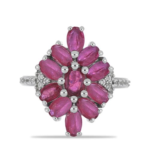 BUY GLASS FILLED RUBY WITH WHITE ZIRCON GEMSTONE CLUSTER RING IN 925 SILVER