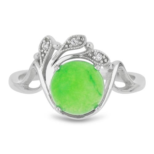BUY STERLING SILVER NATURAL GREEN JADE WITH WHITE ZIRCON GEMSTONE RING 