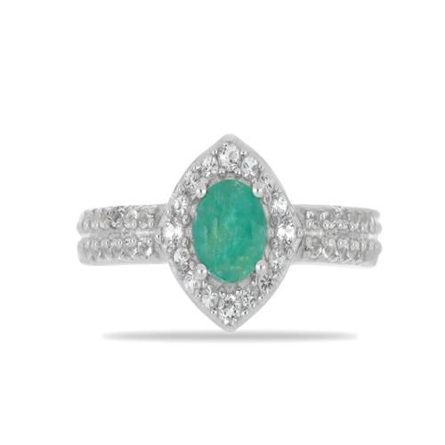 BUY STERLING SILVER NATURAL EMERALD WITH WHITE ZIRCON GEMSTONE RING 