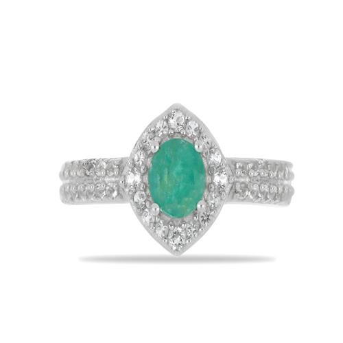 BUY STERLING SILVER NATURAL EMERALD WITH WHITE ZIRCON GEMSTONE CLASSIC RING