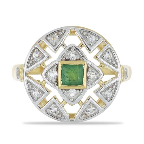 BUY 925 SILVER NATURAL EMERALD WITH WHITE ZIRCON GEMSTONE RING 