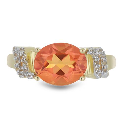 BUY 925 SILVER PADPARADSCHA QUARTZ WITH WHITE ZIRCON GEMSTONE CLASSIC RING