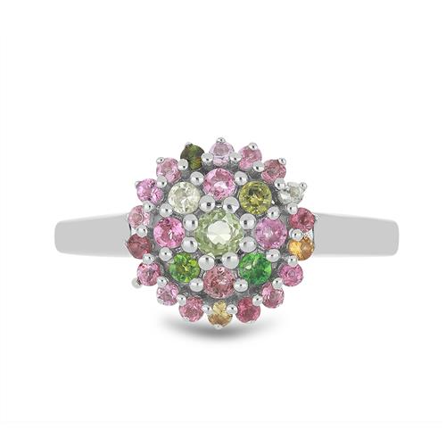 BUY 925 SILVER NATURAL MULTI TOURMALINE WITH WHITE ZIRCON GEMSTONE RING 