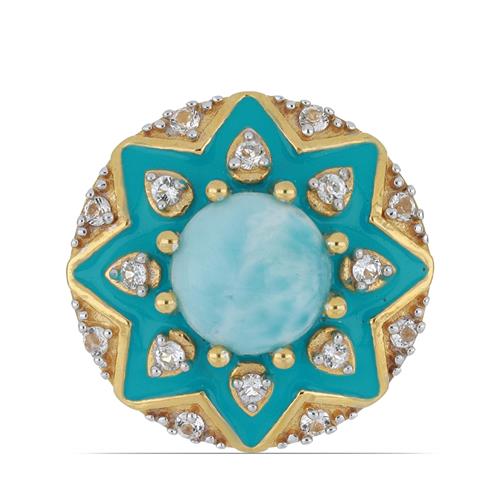 BUY NATURAL LARIMAR WITH WHITE ZIRCON GEMSTONE ENAMEL RING  
