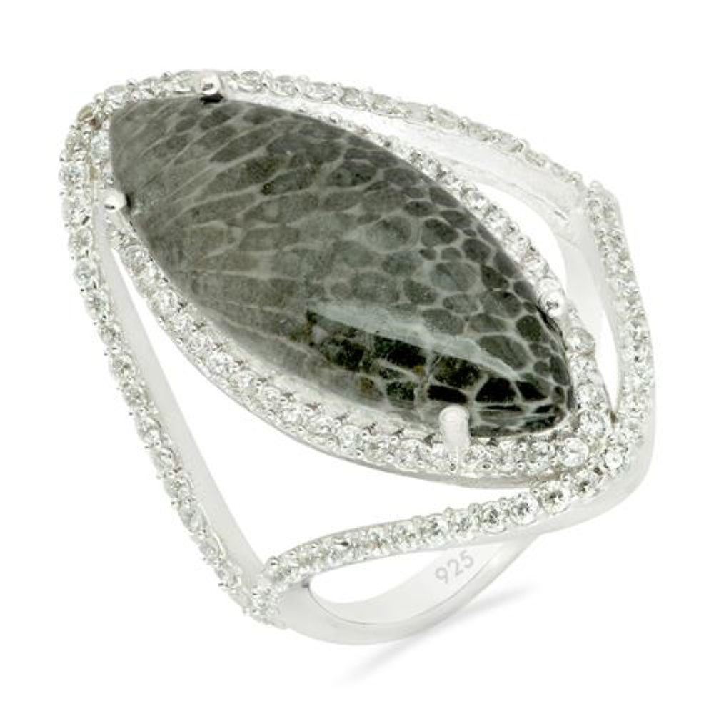 BUY 925 SILVER NATURAL BLACK CORAL GEMSTONE BIG STONE RING