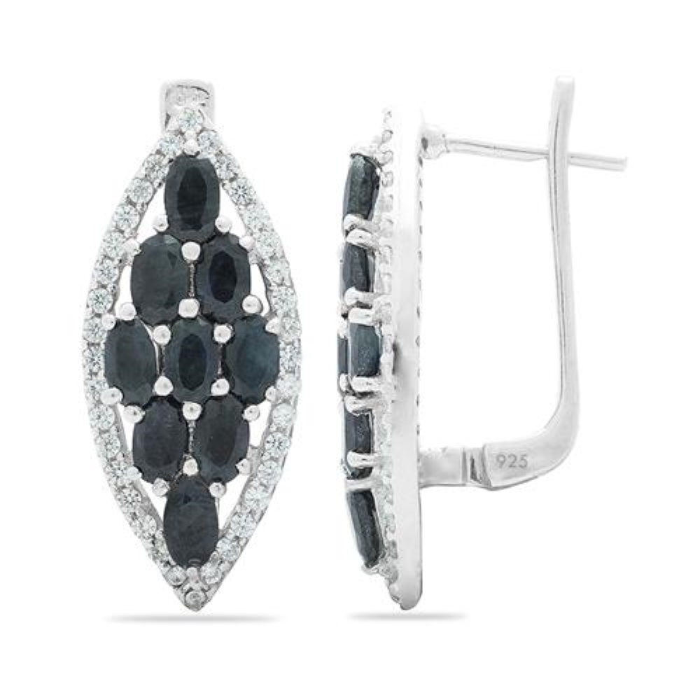 BUY 925 SILVER NATURAL BLACK  SAPPHIRE GEMSTONE CLUSTER EARRINGS
