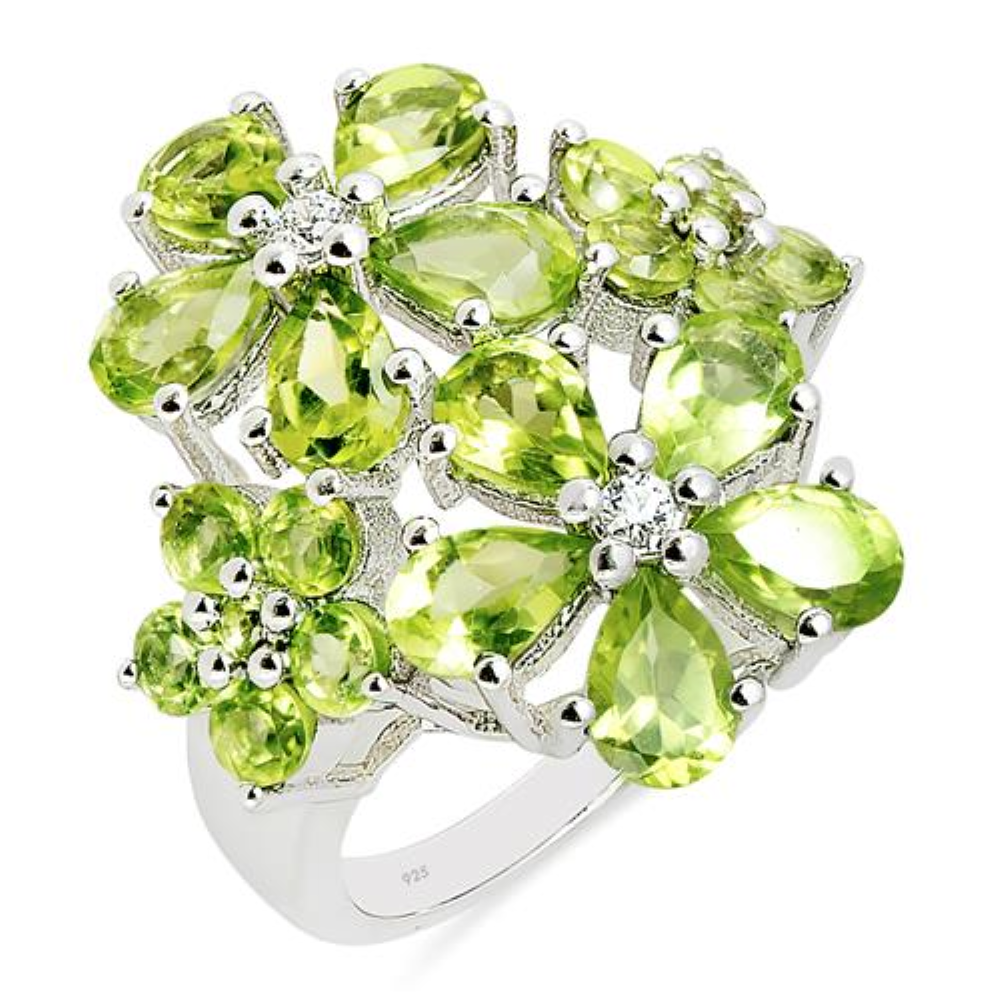 BUY REAL PERIDOT GEMSTONE FLOWER RING IN STERLING SILVER
