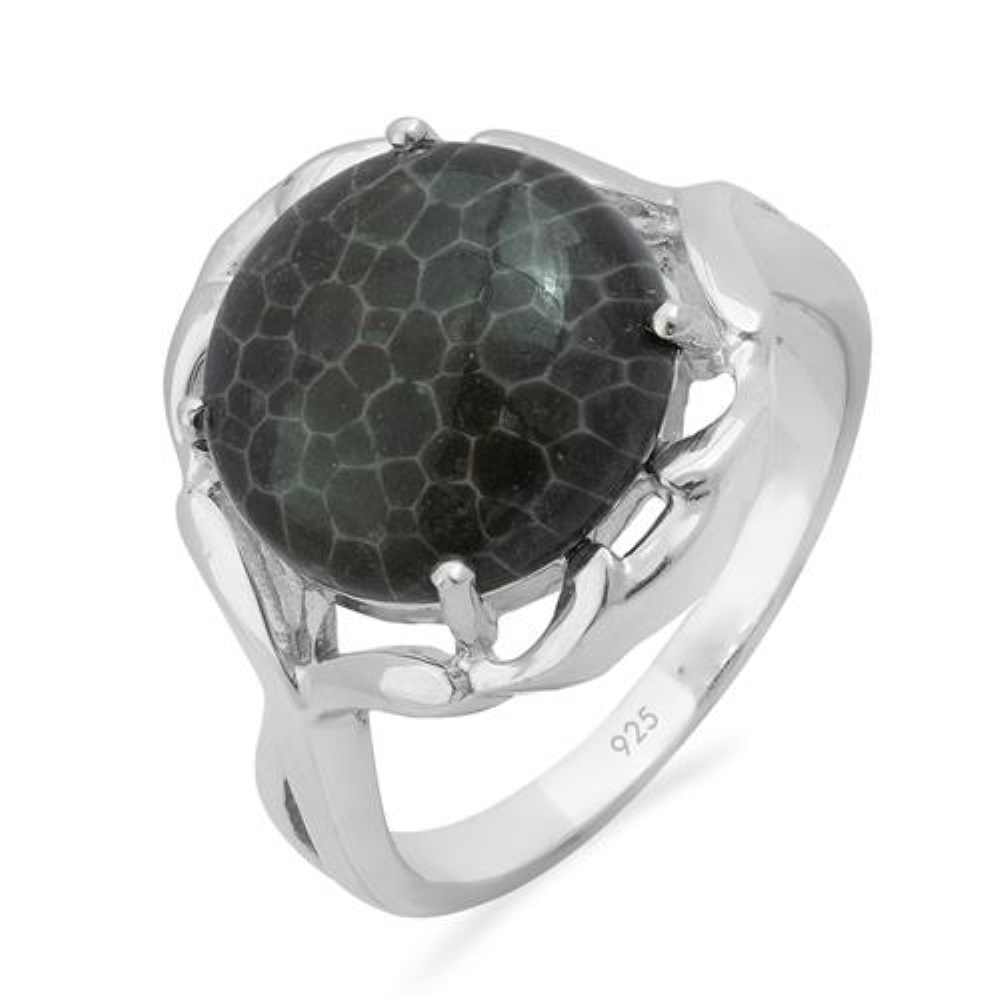 BUY STERLING SILVER NATURAL BLACK CORAL SINGLE STONE RING