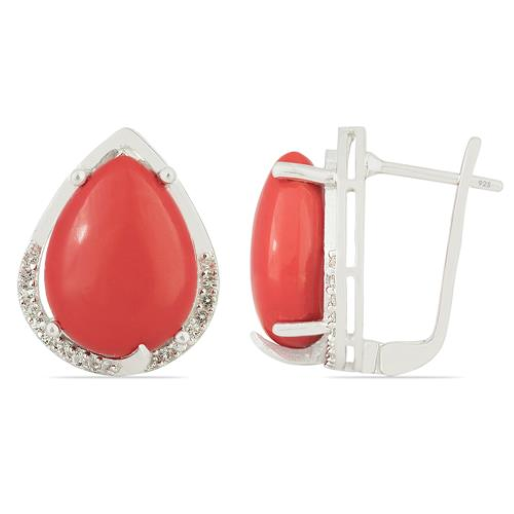 BUY STERLING SILVER COMPRESSED RED CORAL GEMSTONE BIG STONE EARRINGS