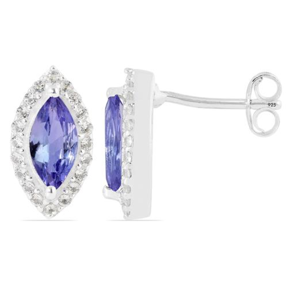 BUY STERLING SILVER NATURAL TANZANITE GEMSTONE HALO  EARRINGS