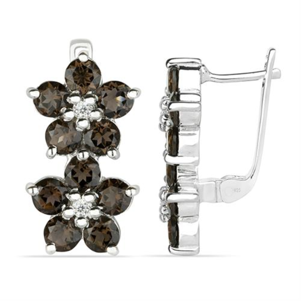 BUY STERLING SILVER NATURAL SMOKY GEMSTONE FLORAL EARRINGS
