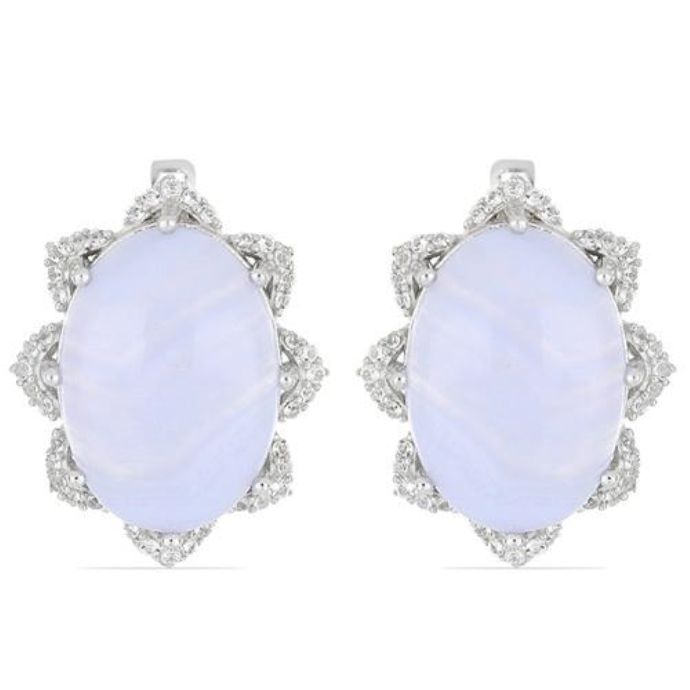 BUY 925 SILVER REAL BLUE LACE AGATE GEMSTONE BIG STONE EARRINGS