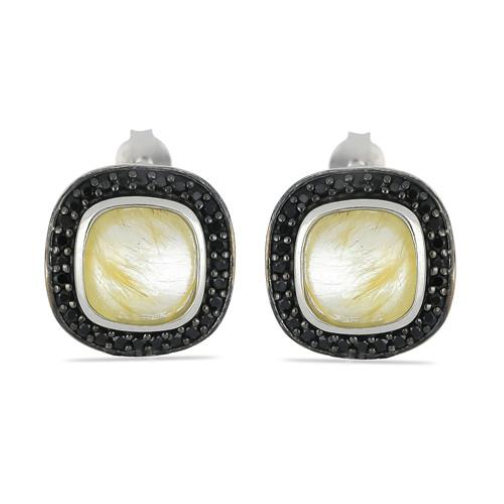 BUY STERLING SILVER NATURAL GOLDEN RUTILE GEMSTONE HALO EARRINGS