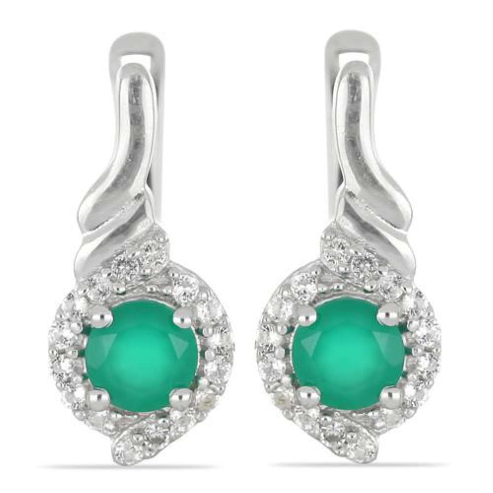 BUY NATURAL GREEN ONYX GEMSTONE HALO STYLISH EARRINGS IN 925 SILVER