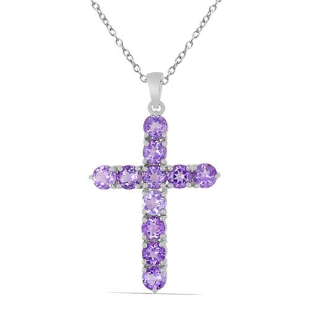 BUY BRAZILIAN AMETHYST GEMSTONE CROSS PENDANT IN STERLING SILVER