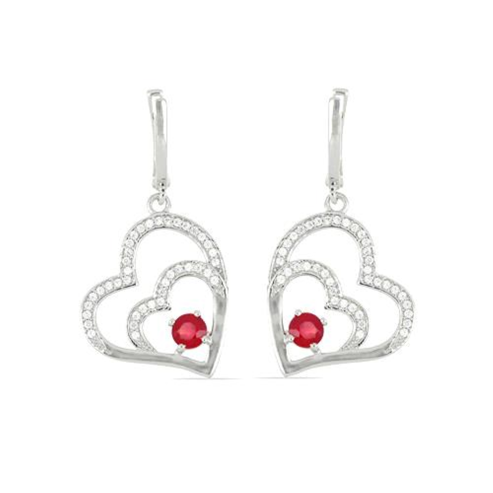BUY GENUINE GLASS FILLED RUBY GEMSTONE HEART EARRINGS IN STERLING SILVER