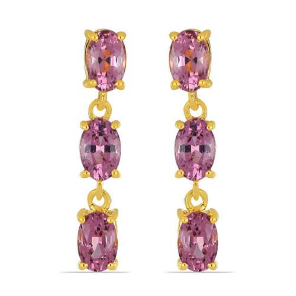 BUY REAL RHODOLITE GEMSTONE THREE STONES 14K GOLD EARRINGS