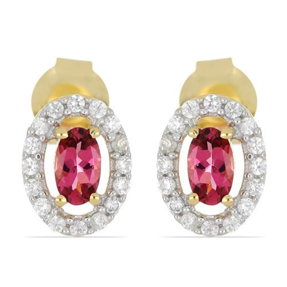BUY 14K GOLD NATURAL RUBELLITE GEMSTONE HALO RING WITH WHITE DIAMOND