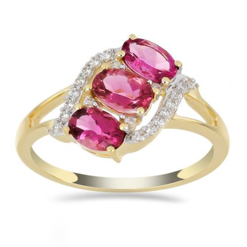 BUY 14K GOLD REAL RUBELLITE GEMSTONE THREE STONES RING