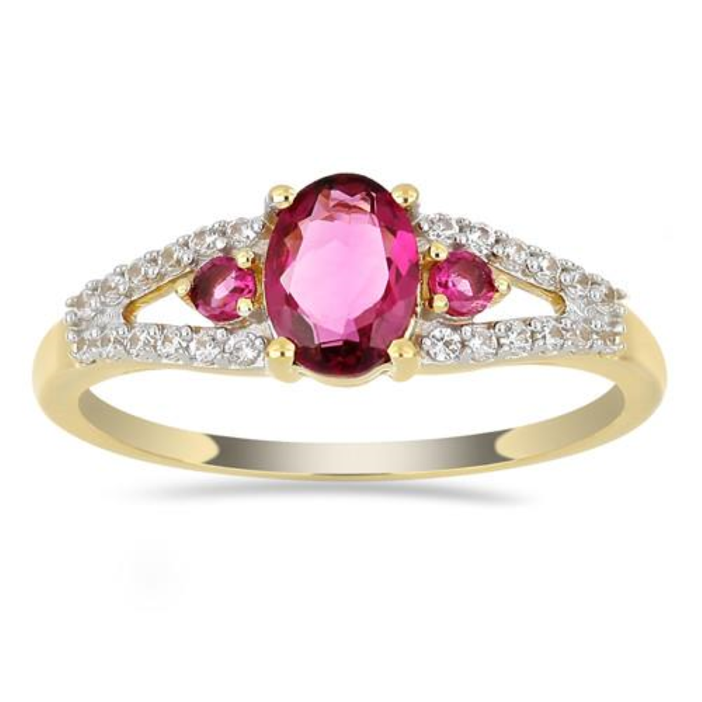BUY 14 K GOLD REAL RUBELLITE GEMSTONE THREE STONES RING