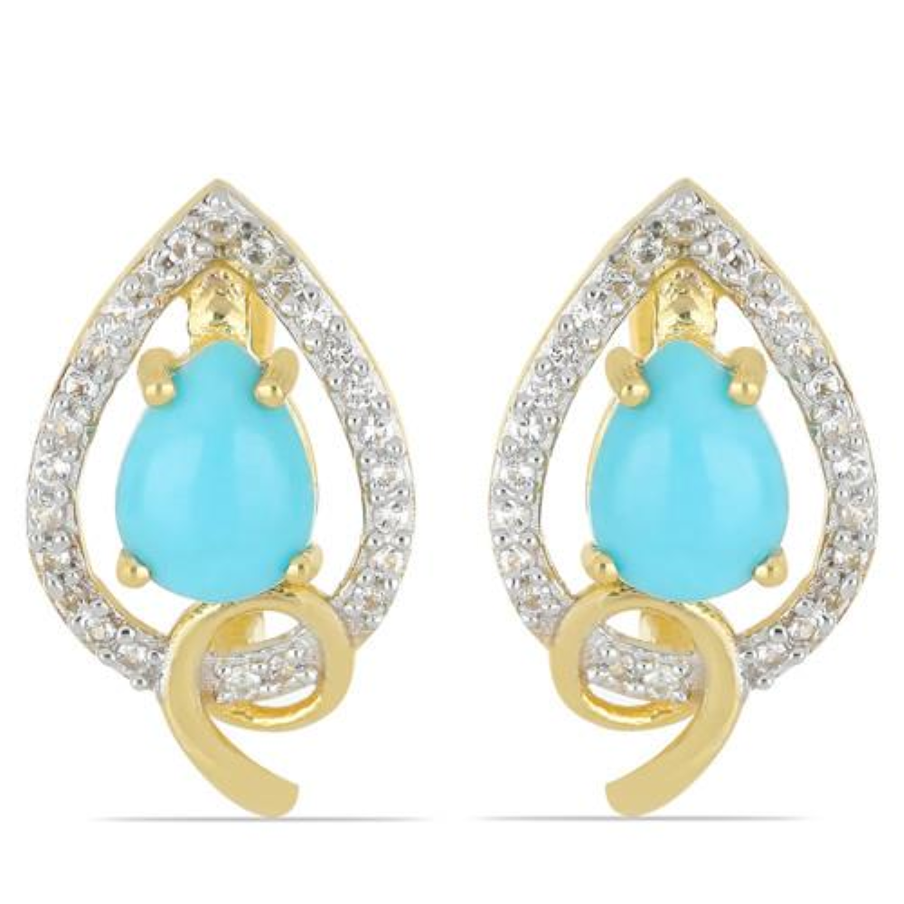BUY 925 SILVER GOLD PLATED NATURAL BLUE TURQUOISE GEMSTONE HALO EARRINGS