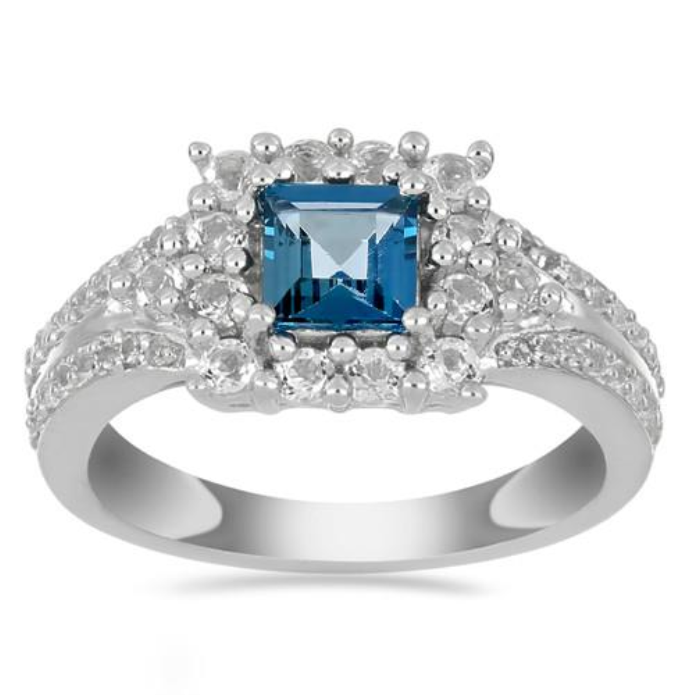 BUY REAL LONDON BLUE TOPAZ GEMSTONE HALO RING IN 925 SILVER
