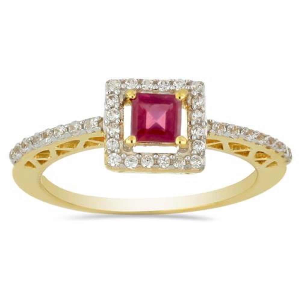 BUY 14K GOLD NATURAL GLASS FILLED RUBY GEMSTONE HALO RING