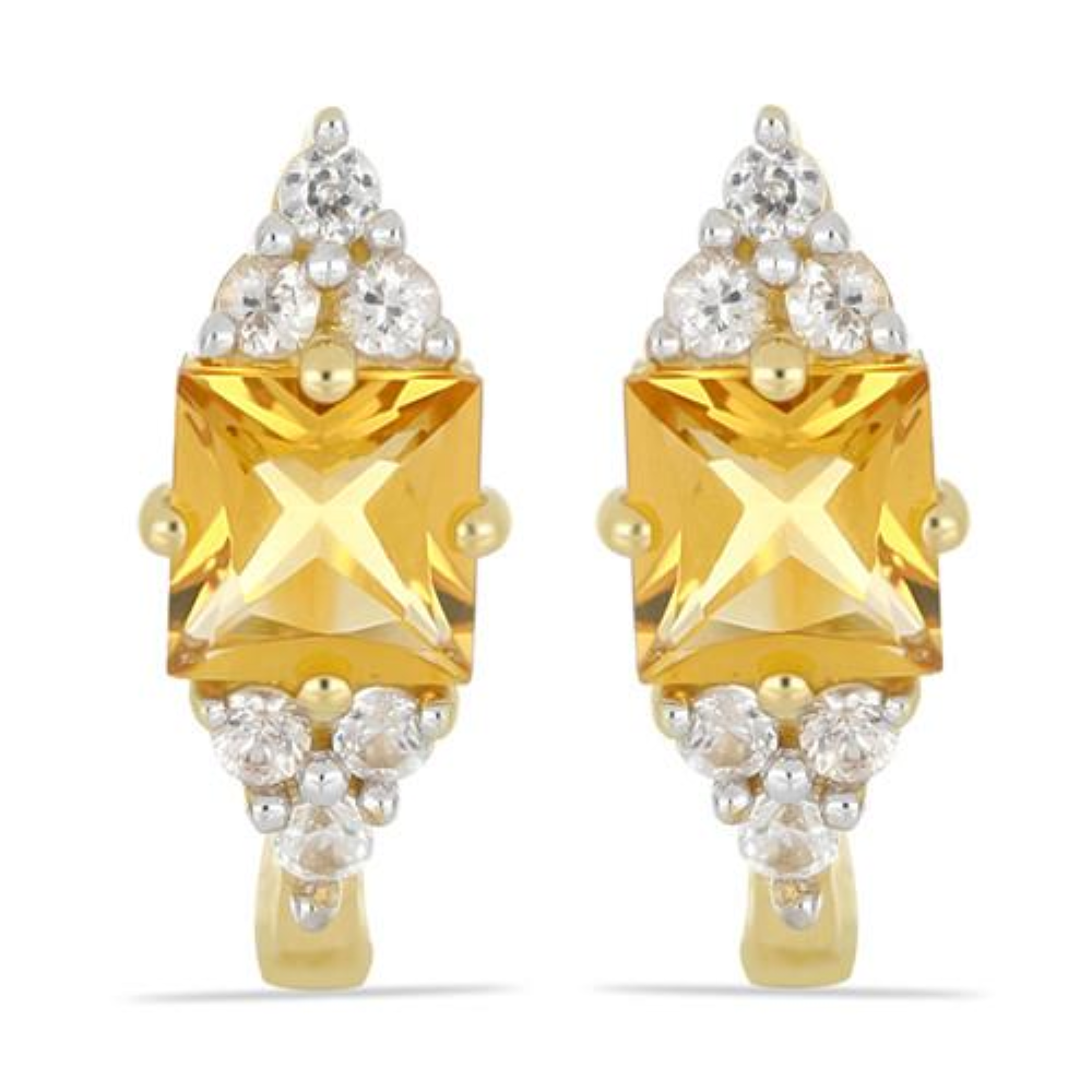 BUY 14K GOLD REAL CITRINE GEMSTONE CLASSIC EARRINGS WITH WHITE DIAMOND