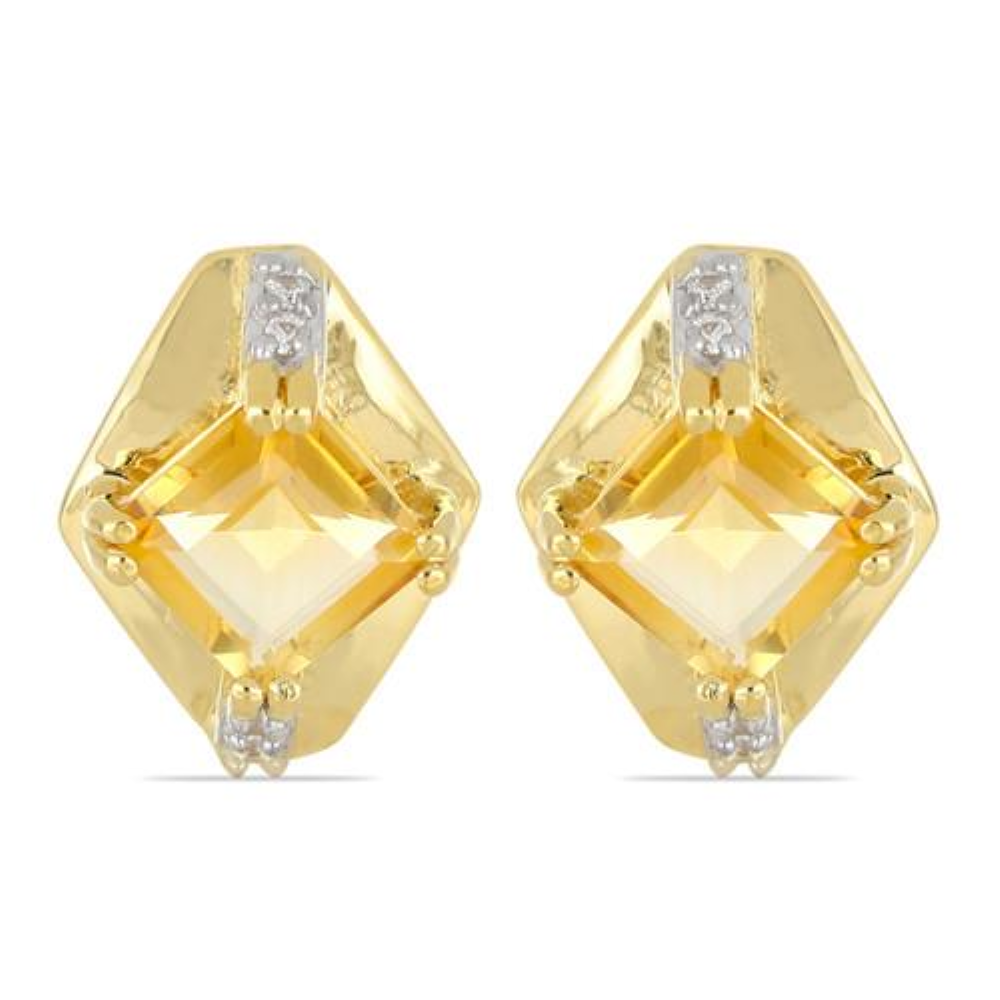 BUY 14K GOLD NATURAL CITRINE GEMSTONE CLASSIC EARRINGS WITH WHITE DIAMOND