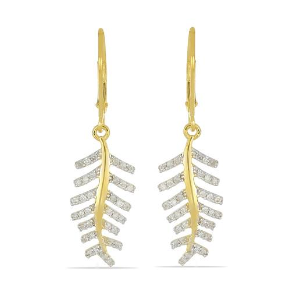 BUY 14K GOLD REAL WHITE DIAMOND GEMSTONE LEAF EARRINGS