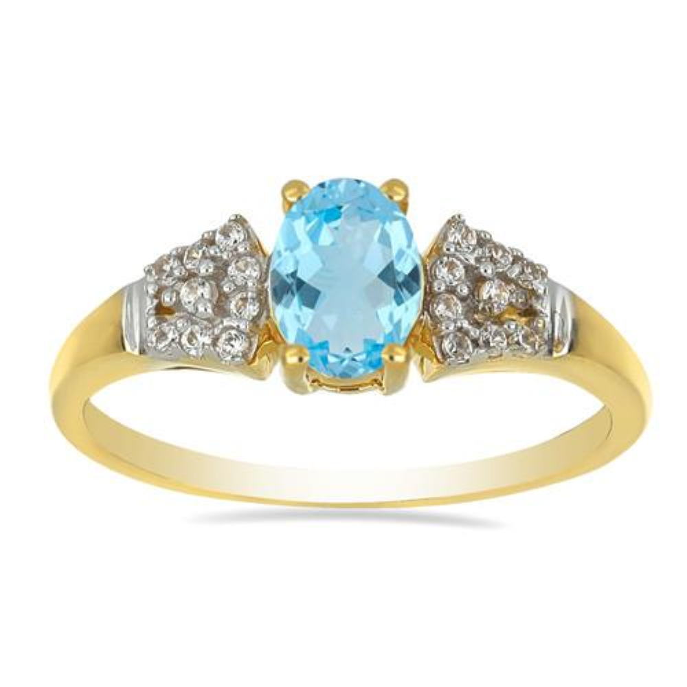 BUY 14K GOLD NATURAL SWISS BLUE TOPAZ GEMSTONE CLASSIC RING WITH WHITE DIAMOND